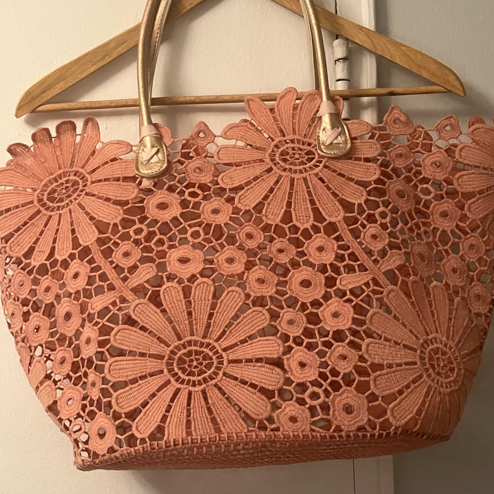 Floral Crochet Tote Bag Dusty Rose